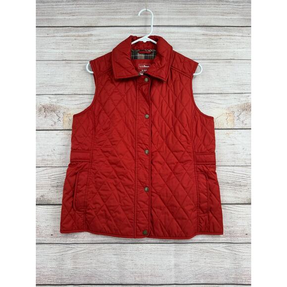 LL Bean Jackets & Blazers - LL Bean Quilted Full Zip Vest Womens Medium Rust Brown Plaid Lined Cord Collar